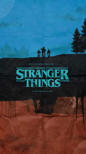 Stranger Things 海報，剪影人物站在山丘上，背景是青綠色天空和橙色地面。