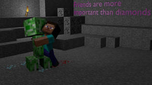 Minecraft玩家在石頭地牢中擁抱殭屍，並有勵志文字。
