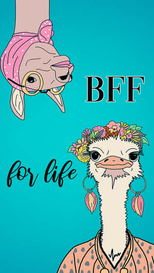 兩隻戴著花冠和圓環耳環的插圖鴕鳥，帶有 BFF for life 文字。