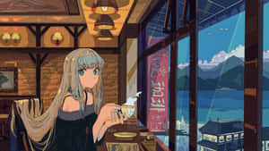 動漫女孩在咖啡館裡喝茶，欣賞日落時分的山海景色。