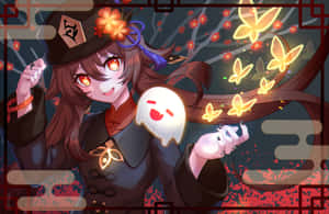 發光眼睛的動漫女孩，在櫻花前手持幽靈和蝴蝶。 — 胡桃 壁紙