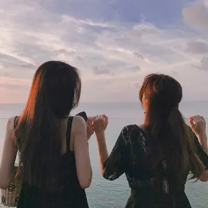 兩位女士手牽手在日落時觀看海洋。