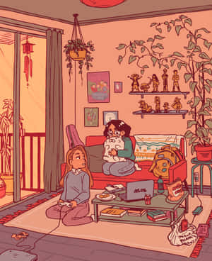 兩個女孩在室內放鬆，一個在玩電子遊戲，另一個抱著貓。