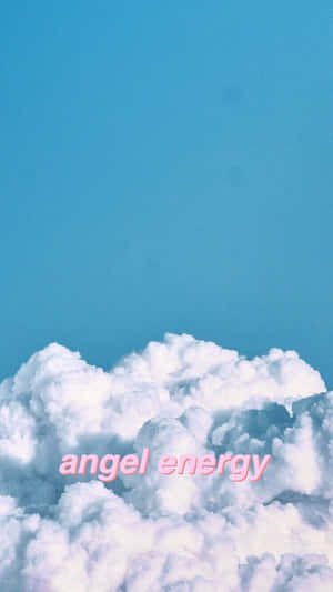 青色天空下的白雲，帶有粉紅色angel energy文字。