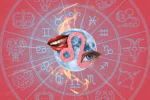 一個有嘴唇和眼睛的月亮，周圍環繞著星座和火焰。 — 星座 壁紙