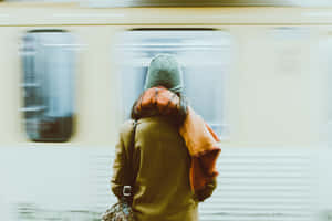 戴著帽子和外套的人在火車站等待經過的火車。