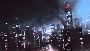 夜晚的城市，煙霧和燃燒中的摩天大樓的模糊燈光。 — 森林 壁紙
