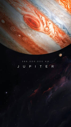 木星行星帶有旋轉條紋和太空中的衛星，背景有星雲和星星