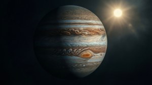 木星在太空中被太陽照亮，帶有旋轉的風暴和大紅斑。