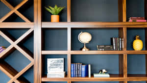 木製書架，書籍，地球儀，菠蘿，多肉植物，藍色牆壁