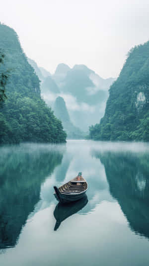 一艘小木船在平靜的水面上休息，背景是霧濛濛的山脈和茂密的綠植。