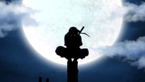 忍者剪影，雙眼發光，襯托著滿月和 dark 雲層。