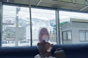 動漫女孩在冬季雪景通勤中於火車上閱讀書籍。