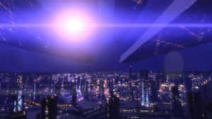 紫色天空下，發光的摩天大樓和漂浮結構的未來主義夜晚城市。 — 質量效應 壁紙