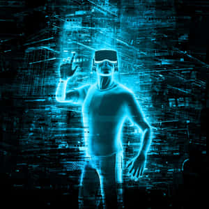 一個戴著VR頭戴式裝置的人被發光的數位數據流包圍。