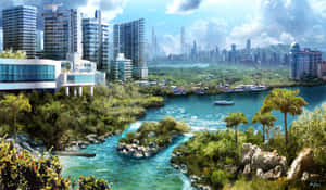 現代城市，玻璃塔和棕櫚樹旁有碧綠的水。 — 城市景觀 壁紙