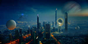 未來主義城市，有漂浮的行星和發光的摩天大樓在夜晚。 — 火星 GIF 壁紙
