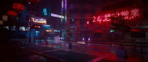 霓虹招牌照亮咗夜晚濕滑嘅城市街道，紅色同藍色燈光喺路面上反射。