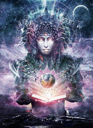 一個神秘的宇宙人物手持一本發光的書，書中有一顆行星，周圍環繞著天體符號和月亮。