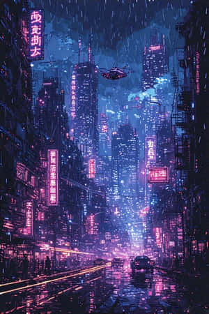 未來城市街道夜景，霓虹燈、雨和飛行汽車 — 霓虹 壁紙