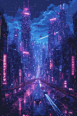 未來城市街道夜景，霓虹燈光反射在濕漉漉的路面上，上空有飛車。 — 霓虹 壁紙