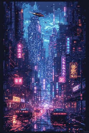 霓虹燈照亮的未來城市夜景，有飛行汽車和濕漉漉的反射街道。 — 霓虹 壁紙