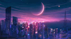 夜晚的未來城市景觀，發光的建築物和新月。 — 暮光 壁紙