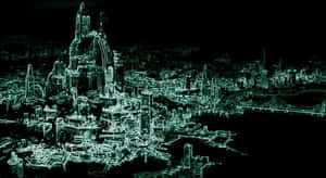未來城市天際線以發光的青綠色線框在黑色背景上呈現。 — AMOLED 壁紙
