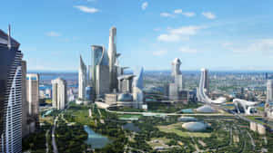 未來城市，擁有玻璃塔和綠地，在藍天下有一彎新月。