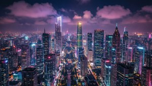 夜晚充滿活力的城市天際線，閃耀的摩天大樓和紫色雲彩。