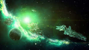 未來太空船喺外太空飛過發光嘅綠色星雲。 — 深綠色 壁紙