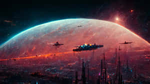 未來太空船飛越一個發光的外星行星，下方是霓虹城市景觀。 — 風景動圖 壁紙