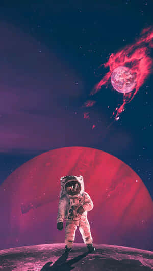 太空人在紅色行星上觀看流星在太空中掠過地球。