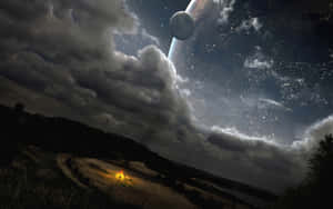 營火在田野中燃燒，夜空中有行星和月亮。