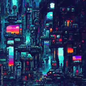 未來城市，夜晚有霓虹燈和高聳建築。