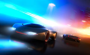 兩輛未來主義汽車在霓虹燈下在潮濕的賽道上夜間競速。