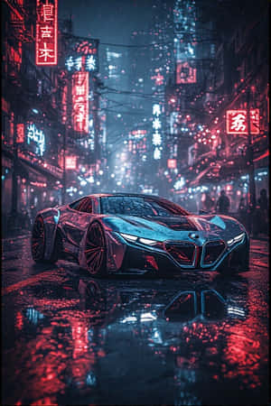 未來感BMW汽車在濕霓虹街道上，夜晚發光倒影 — 未來風格動態圖 壁紙