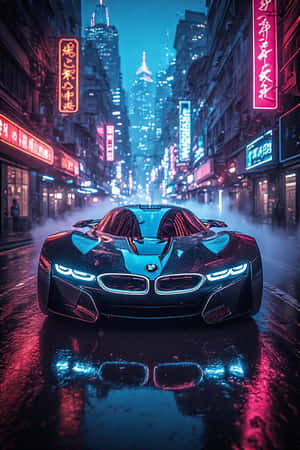 未來感BMW跑車在夜間潮濕的霓虹燈城市街道上發出藍色光芒。 — 未來風格動態圖 壁紙