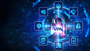 帶有發光圖示和網絡連接的數位VPN安全界面。