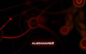 黑色背景上帶有發光紅色電路圖案的Alienware標誌。