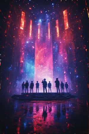 一群人在濕漉漉的舞台上，在鮮豔的霓虹燈光和宇宙星雲下呈現剪影。 — 未來風格動態圖 壁紙