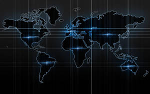 發光的藍色數位世界地圖，在深色網格背景上標有各大洲名稱。