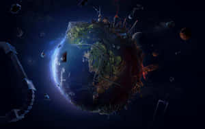 在深空中浮動的行星，擁有發光的綠色地形和未來主義建築。