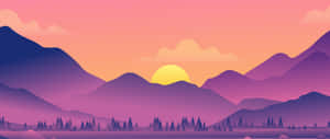 紫色山脈在日落時分，金色夕陽和松樹
