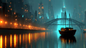 夜晚帆船在橋下，城市燈光倒映在水面上