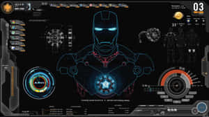Iron Man裝甲藍圖顯示在一個帶有發光藍色電路的未來風格數位介面上。