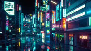 霓虹招牌在未來日本城市的潮濕街道上閃耀於夜晚。