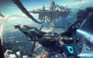 未來戰機在煙霧和爆炸籠罩的浮空城市上空交戰。 — 2880x1800 壁紙