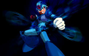 藍色裝甲機械人英雄擺出動作姿勢，帶有發光能量效果。