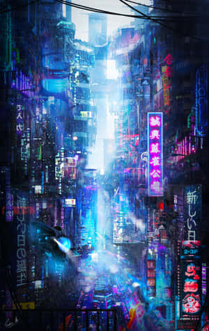 夜晚霓虹燈照亮的賽博朋克城市街道，有雨和高聳的建築物。 — 未來風格動態圖 壁紙